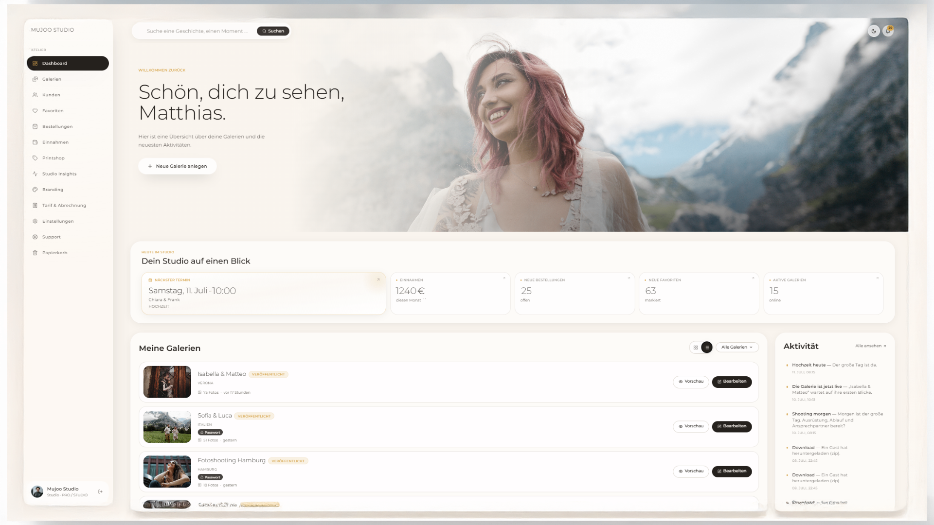 MUJOO Studio Dashboard — dein komplettes Studio auf einen Blick